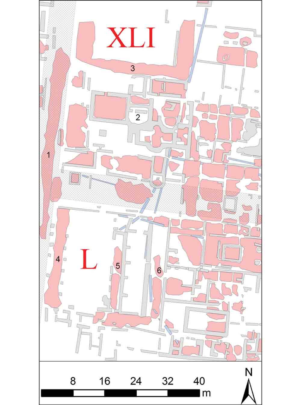 Interpretação da área de estudo de caso (Figura 5) com base no mapeamento manual das anomalias. Isso resume as informações de todos os intervalos de tempo , mostrando paredes (cinza), superfícies (vermelho) e canos de água (azul claro) . Imagem por A. Launaro
